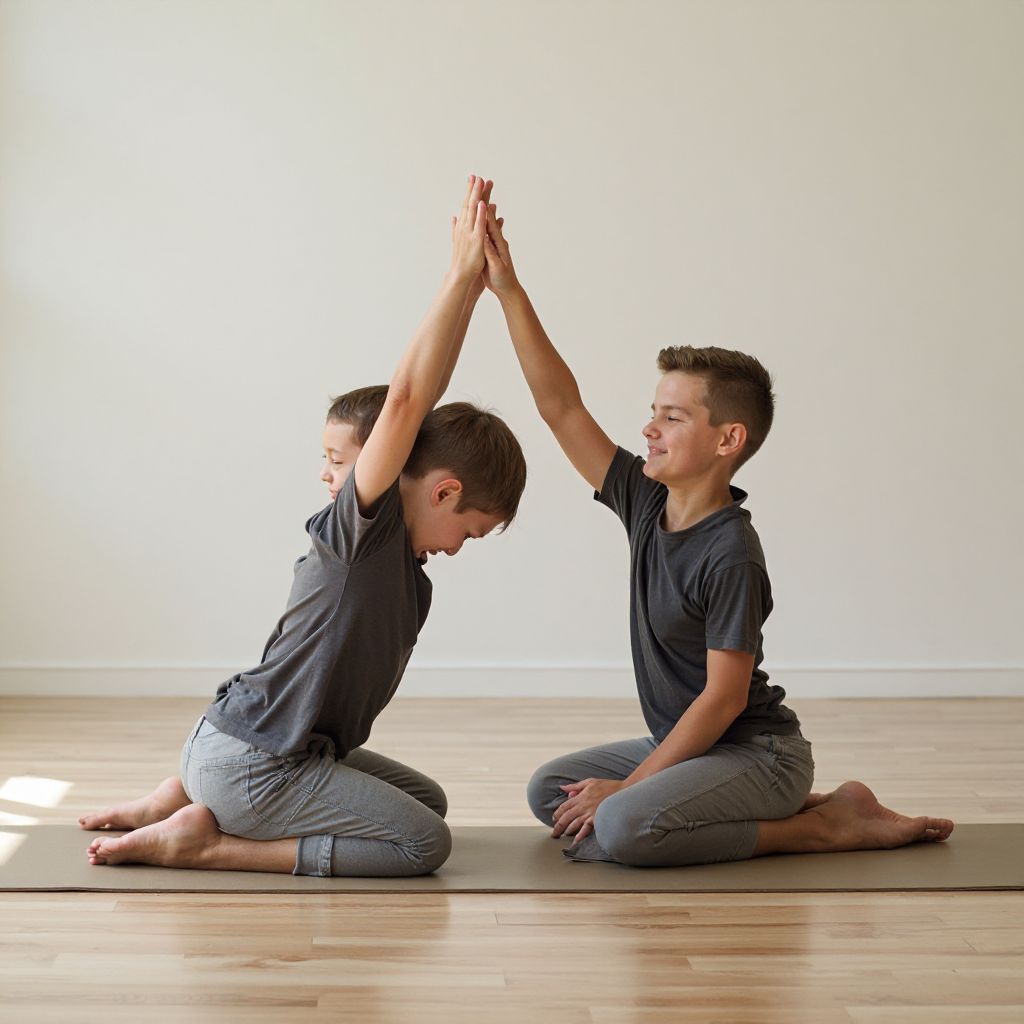 Father with twin sons in yoga class